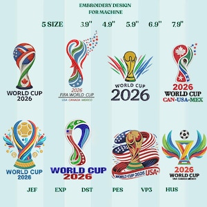 May include: Embroidery designs for the 2026 World Cup, showcasing logos in diverse styles and sizes, from 9.9 cm to 20.1 cm. Includes designs for USA, Canada, and Mexico.