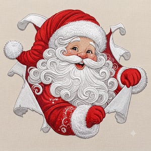 May include: An embroidered design of Santa Claus with a white beard and mustache, wearing a red hat and coat with white fur trim. Santa is depicted as if breaking through a white paper surface, with hands visible and a cheerful facial expression.