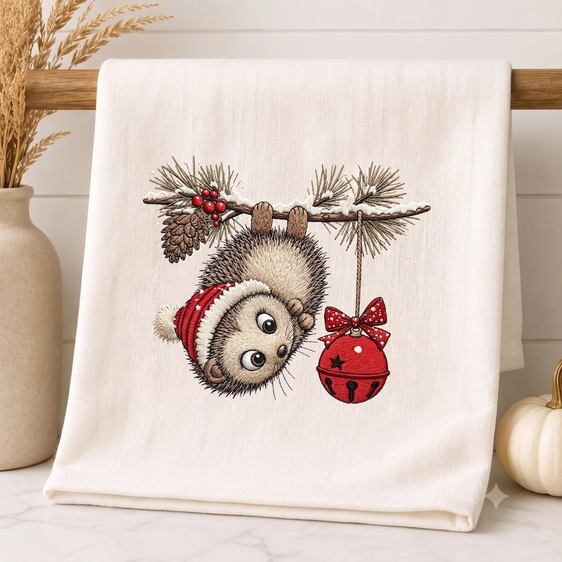 May include: A white kitchen towel featuring a printed illustration of a brown hedgehog wearing a red and white winter hat, hanging from a snowy pine branch with red berries and a pinecone, while holding a large red jingle bell with a bow.