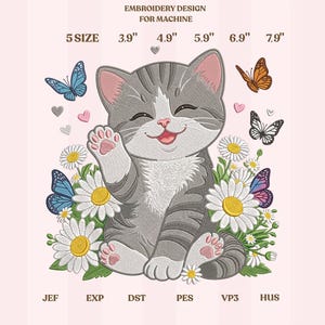 Cat Embroidery Design, Happy Gray Kitten with Daisies and Butterflies, Cute Animal Machine Embroidery Download