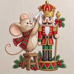 Puede incluir: Un diseño bordado que muestra un ratón de color marrón claro con una bufanda de cuadros rojos y verdes, de pie sobre un taburete de madera mientras limpia un cascanueces. El cascanueces viste un uniforme rojo, verde y dorado con corona.