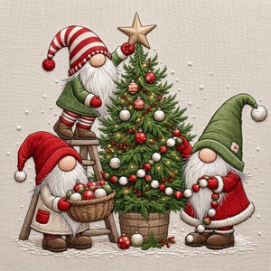 May include: Three gnomes decorating a Christmas tree. One gnome on a wooden ladder places a gold star on top. Another gnome holds a basket of red and white ornaments. A third gnome stands on the right, draping a red and white beaded garland.