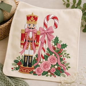 Nutcracker Christmas Machine Embroidery Design, Pink Bow Candy Cane Roses and Holly, Elegant Festive Christmas Digital Download