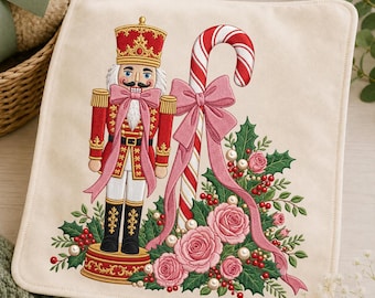 Nutcracker Christmas Machine Embroidery Design, Pink Bow Candy Cane Roses and Holly, Elegant Festive Christmas Digital Download