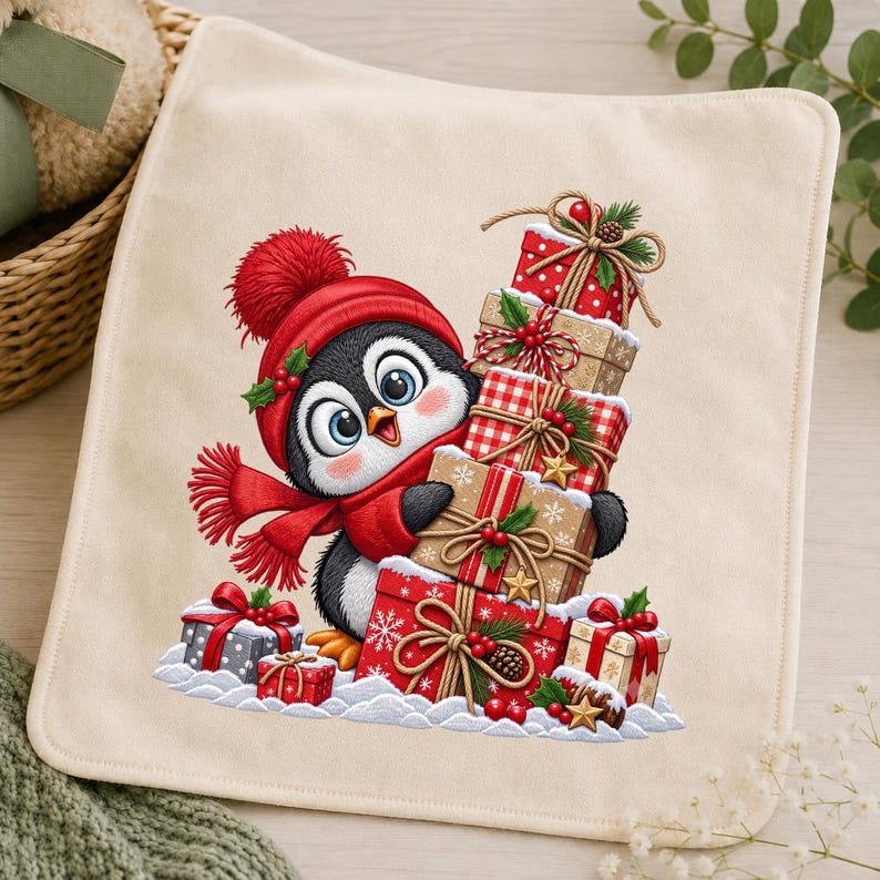 Stack Squares Cartoon Christmas Penguin Embroidery Design, Penguin With Gift Stack, Cute ...