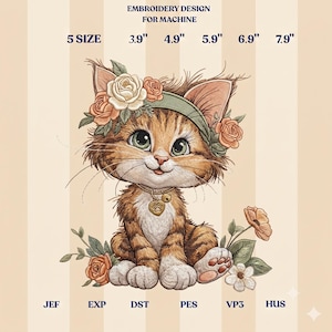 Boho Kitten Embroidery Design, Cute Cat with Floral Headband Machine Embroidery Pattern, Garden Nursery Animal Digital Download