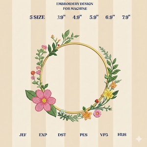 May include: An embroidery design for machine use, featuring a gold circular frame adorned with colorful flowers and green leaves. The design includes sizes from 3.9" to 7.9". The text "EMBROIDERY DESIGN FOR MACHINE" is at the top.