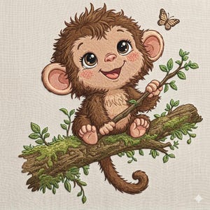 Diseño de bordado de mono, lindo mono bebé en una rama, animal de la selva, mariposa, decoración de guardería con temática de bosque, bordado a máquina