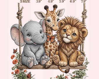 May include: An embroidery design for machine featuring a gray elephant, a brown giraffe, and a brown lion sitting on a wooden swing. The text reads EMBROIDERY DESIGN FOR MACHINE, 5 SIZE, 3.9", 4.9", 5.9", 6.9", 7.9", JEF, EXP, DST, PES, VP3, HUS.