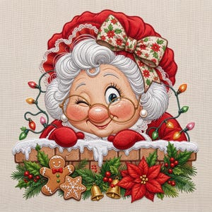 May include: A decorative illustration of a winking character with white hair, round gold glasses, and a red bonnet with a poinsettia bow. The figure rests on a brick ledge with snow, gingerbread cookies, pine branches, bells, and poinsettias.