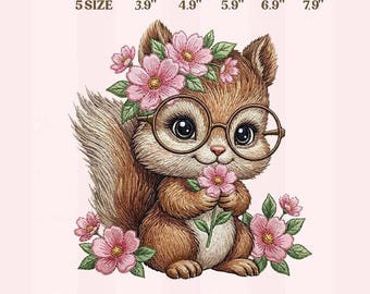 May include: An embroidery design for machine featuring a brown squirrel wearing round glasses and surrounded by pink flowers. The text reads EMBROIDERY DESIGN FOR MACHINE, 5 SIZE, 3.9", 4.9", 5.9", 6.9", 7.9", JEF, EXP, DST, PES, VP3, HUS.