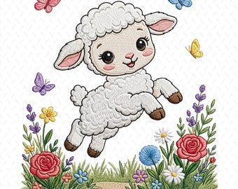 Lamb Embroidery Design, Cute Baby Sheep Machine Embroidery File, Spring Floral Farm Animal Nursery Hoop Art Instant Download