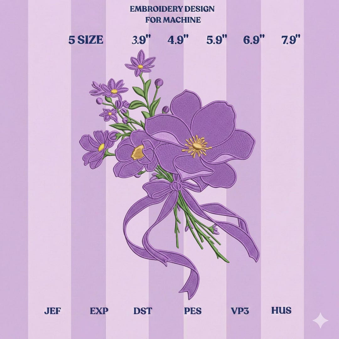 Purple Floral Bouquet Embroidery Design, Violet Flower Bow Machine ...