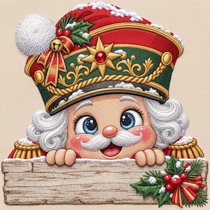 Stickdatei „Nussknacker-Soldat“, niedliches, weihnachtliches Schild mit hervorlugendem Motiv (digitale Stickdatei)