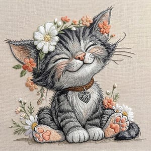 Cat Embroidery Design, Cute Kitten With Flowers, Floral Pet Portrait, Whimsical Nursery Decor, Machine Embroidery Pattern