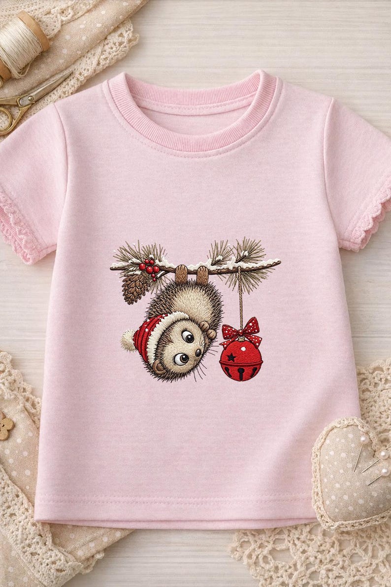 May include: A light pink short-sleeved t-shirt featuring a graphic of a hedgehog wearing a red and white winter hat, hanging upside down from a pine branch with a red jingle bell, pinecones, and red berries.