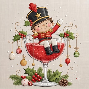May include: A cartoon nutcracker figure wearing a black hat with a red feather and a red uniform sits inside a large glass filled with red liquid. The scene is decorated with green holly leaves, red berries, pine branches, and hanging ornaments.