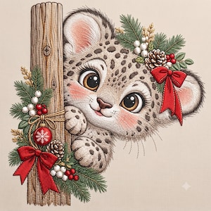 Christmas Snow Leopard Embroidery Design, Cute Cub with Red Bow, Winter Wildlife Machine File