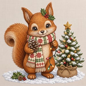 May include: A brown squirrel wearing a red, white, and green patterned scarf, holding a pinecone and a string of colourful Christmas lights. Next to the squirrel is a small, snow-dusted Christmas tree in a burlap sack, topped with a gold star.