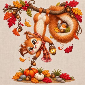 May include: A cartoon squirrel with a red plaid scarf hangs from an oak branch, holding a glowing lantern. A small bird rests in its fluffy tail. Below, orange and white pumpkins, acorns, and colourful autumn leaves are scattered on the ground.