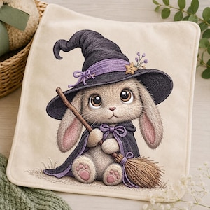 Halloween-kaninbroderidesign, söt häxkanin med kvast, läskig skogsmarksmaskinbroderifil
