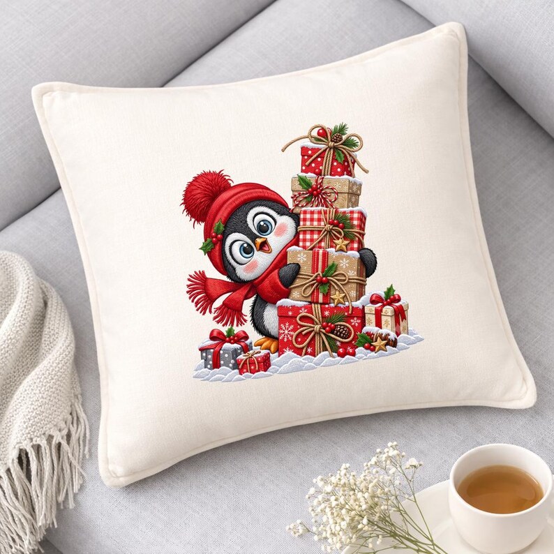Stack Squares Cartoon Christmas Penguin Embroidery Design, Penguin With Gift Stack, Cute ...
