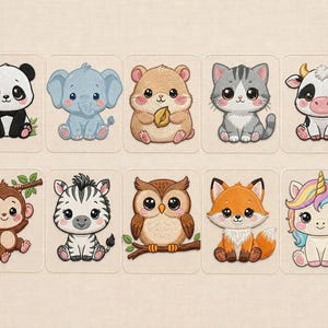May include: A set of ten embroidered patches featuring cartoon animals including a panda, elephant, hamster, cat, cow, monkey, zebra, owl, fox, and unicorn. Each patch is rectangular with rounded corners and displays a cute, stylized creature.