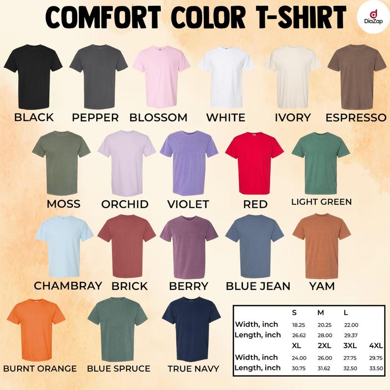 May include: A collection of short-sleeve t-shirts in various colors including black, pepper, blossom, white, ivory, espresso, moss, orchid, violet, red, light green, chambray, brick, berry, blue jean, yam, burnt orange, blue spruce, and true navy.