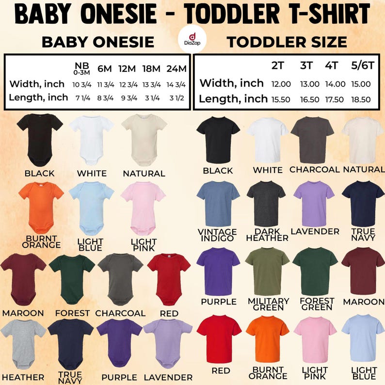 May include: A sizing chart for baby onesies and toddler t-shirts featuring a grid of color options including black, white, natural, orange, blue, pink, maroon, green, charcoal, red, purple, heather, and navy with width and length in inches.