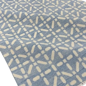 Handgeknoopt Oushak-tapijt - blauw geometrisch zacht wollen slaapkamertapijt