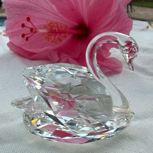 Puede incluir: Una figura de cisne de cristal transparente con un diseño facetado. El cisne tiene un cuello curvo y se asienta sobre una base. Una gran flor de hibisco rosa está en el fondo.
