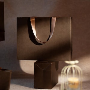 Op de afbeelding: Een donkerbruine cadeauzak met een satijnen lint handvat, rustend op een bijpassende bruine doos. De tas is rechthoekig en heeft een eenvoudig, elegant ontwerp. De achtergrond is een neutrale kleur, waardoor de tas en doos worden benadrukt.