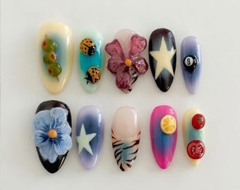 Colorful Mixed Design Press On Nails, Cute 3D Nails, Fruit Flower Nails, Playful Art Nails, Kawaii Aesthetic Nails, Statement Nails