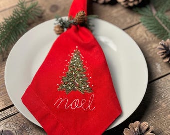 Embroidered Linen Dinner Napkin Set of 6 | Noel Christmas Tree | Christmas Table Decor | Holiday Entertaining