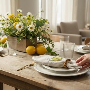 May include: A rustic wooden table set for a meal, featuring white plates, clear glasses, and gold utensils. A centerpiece of daisies and lemons sits in a wooden box. Napkins with lemon designs are held by wooden bead napkin rings.