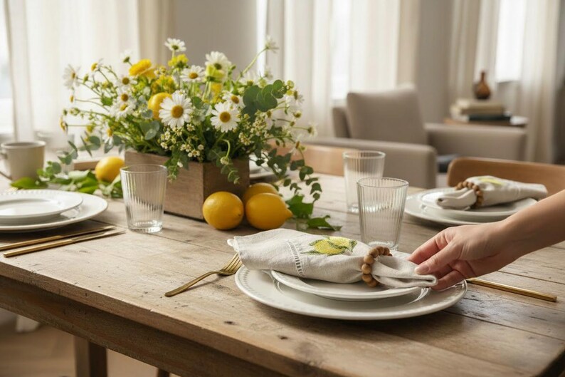 May include: A rustic wooden table set for a meal, featuring white plates, clear glasses, and gold utensils. A centerpiece of daisies and lemons sits in a wooden box. Napkins with lemon designs are held by wooden bead napkin rings.