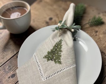 Embroidered Linen Dinner Napkin Set of 6 | Snowy Pine Tree | Winter Holiday Table | Hemstitch Linen | Christmas Gift | Woodland Decor