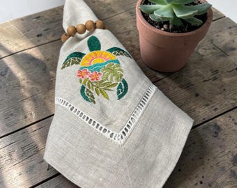 Embroidered Linen Dinner Napkin Set of 6 | Tropical Sea Turtle | Coastal Beach Decor | Hemstitch Linen | Ocean Table | Beach House Gift