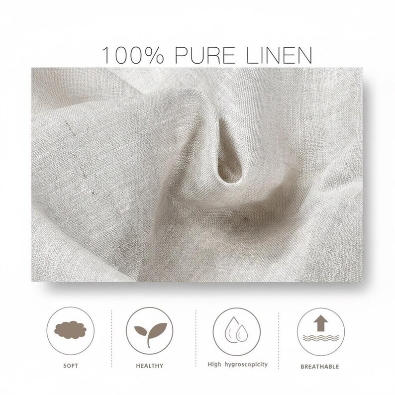 May include: Close-up of a beige linen fabric with the text "100% PURE LINEN". The fabric is soft, healthy, highly hygroscopic, and breathable. The image shows the texture and folds of the linen material.