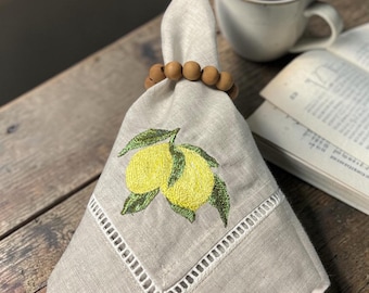 Embroidered Linen Dinner Napkin Set of 6 | Lemon Branch | Italian Summer Table | Citrus Kitchen Decor | Hemstitch Linen | Amalfi Inspired