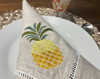 Embroidered Linen Dinner Napkin Set of 6 | Pineapple | Hemstitch Linen | Housewarming Gift | Welcome Home