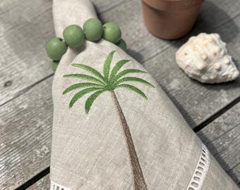 Embroidered Linen Dinner Napkin Set of 6 | Palm Tree | Coastal Tropical Decor | Hemstitch Linen | Beach House Table