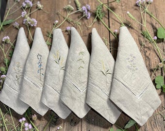 Embroidered Linen Napkins Set of 6 | Wildflower Botanical Dinner Napkins | Hemstitch Border