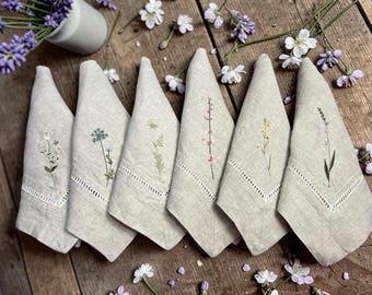 Embroidered Linen Dinner Napkins Set of 6 | Wildflower Botanical Hemstitch Table Decor