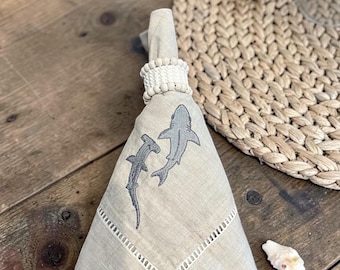 Embroidered Linen Dinner Napkin Set of 6 | Shark Duo | Natural Linen | Ocean Coastal Decor | Hemstitch Border
