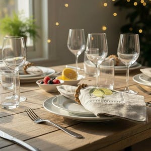 May include: A dining table set for a meal, featuring clear wine glasses, white plates, and linen napkins with a lemon design. Small bowls of berries and a sliced lemon add color. The table is made of light-colored wood.