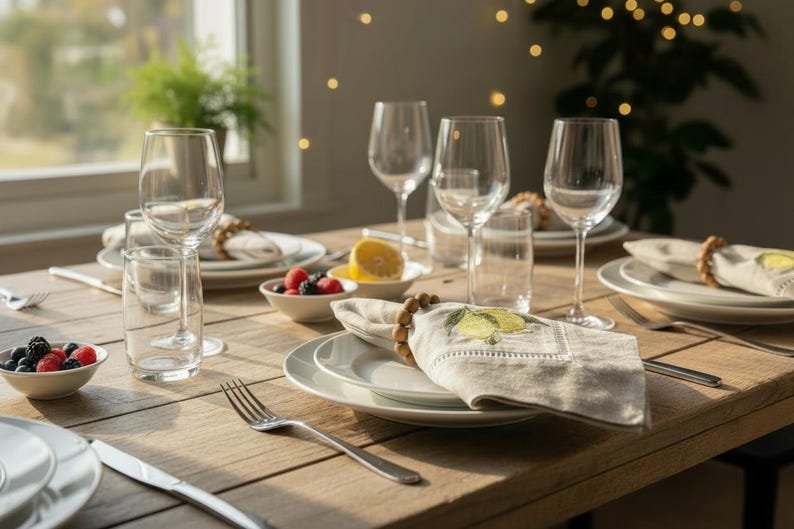 May include: A dining table set for a meal, featuring clear wine glasses, white plates, and linen napkins with a lemon design. Small bowls of berries and a sliced lemon add color. The table is made of light-colored wood.