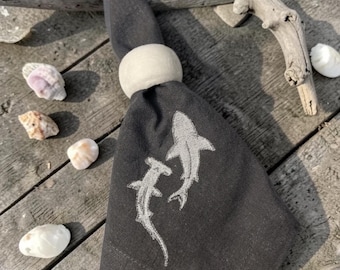 Embroidered Dinner Napkin Set of 6 | Shark Duo | Dark Charcoal Cotton | Ocean Coastal Decor | Shark Week