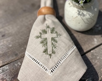 Embroidered Linen Dinner Napkin Set of 6 | Cross with Cedar Wreath | Faith Home Decor | Hemstitch Linen