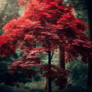 May include: A Japanese maple tree with vivid red leaves dominates the frame, set against a backdrop of blurred green foliage. The tree's crimson leaves create a striking contrast. The image captures the beauty of nature, with the tree as the focal point.